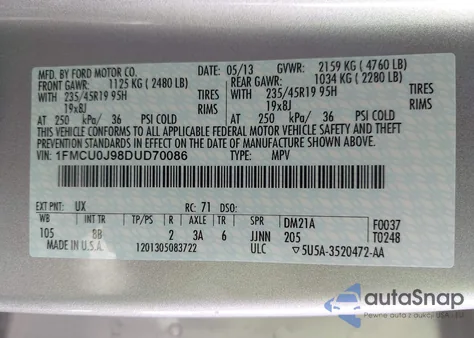 2013 Ford Escape Titanium from USA, damaged, VIN 1FMCU0J98DUD70086